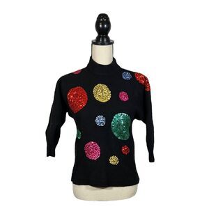Vintage Eugenia Angenie Sweater XL Angora Wool Blend Fuzzy Black Heavy Sequined